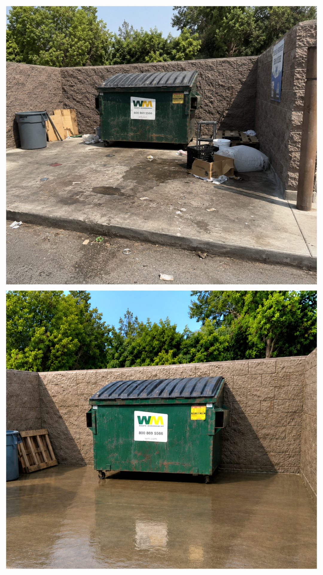 Commercial dumpster pad before and after cleaning in Tulsa